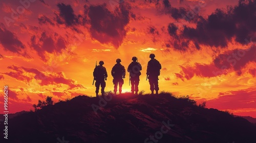 Silhouetted soldiers against a vibrant sunset, symbolizing bravery and camaraderie.