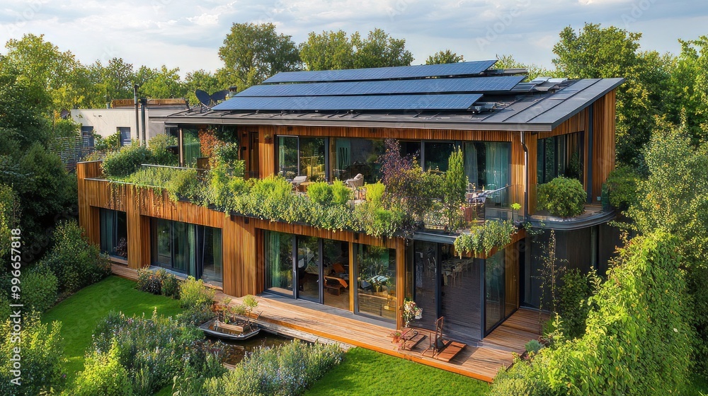Solar panels installed on the roof of an eco-friendly home effectively capture sunlight to power the building. Solar panels installed on the roof of an eco-friendly home effectively capture sunlight to power the building.