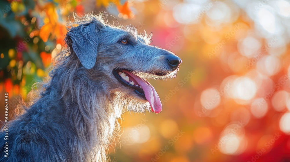 Fototapeta premium A dog with a joyful expression against a colorful autumn background.