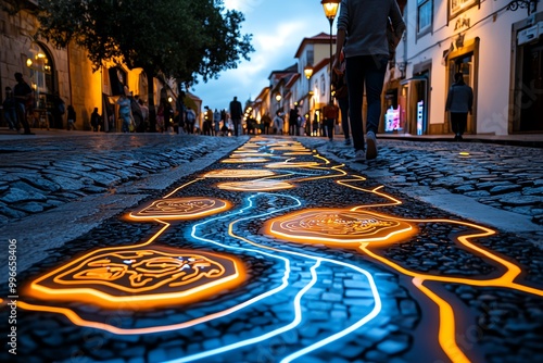 Futuristic transformation of AlcobaÃ§a, where old cobblestone streets are enhanced with digital pathways and glowing signage