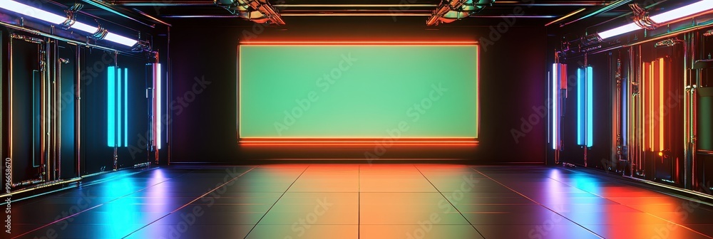 Futuristic empty room, large glowing screen, gradient green to red ...