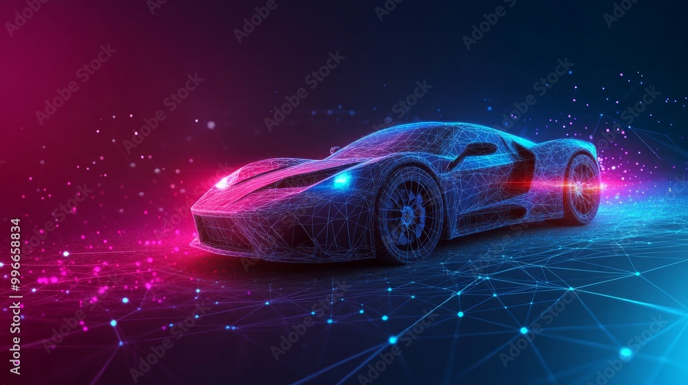 sports car with polygon lines on abstract background. Low poly polygonal space with connecting points and lines. Connection structure. Vector speed concept background. 