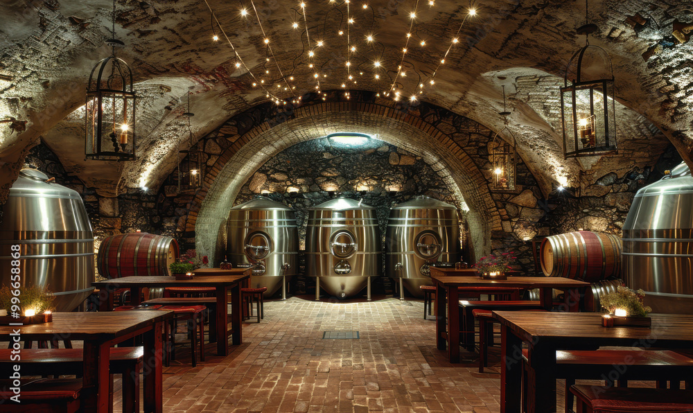 Elegant wine cellar with stainless steel tanks, wooden tables, and barrel storage for tastings in a rustic setting Elegant wine cellar with stainless steel tanks, wooden tables, and barrel storage for tastings in a rustic setting