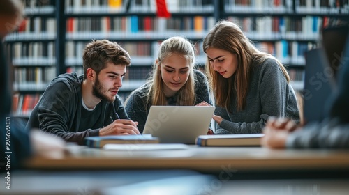 Students collaborating on a project in a library, focused on a laptop, surrounded by bookshelves filled with resources