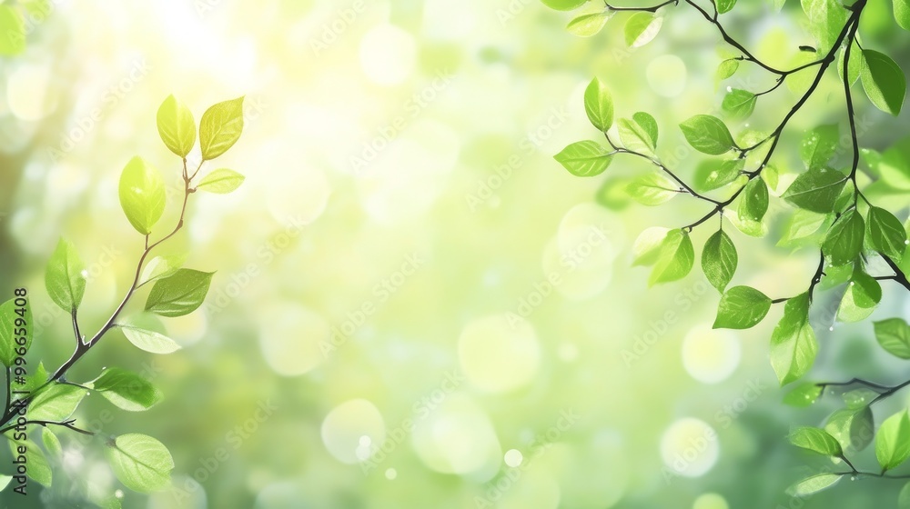 Spring background with branches and green leaves vector presentation design with bokeh light effect Spring background with branches and green leaves vector presentation design with bokeh light effect