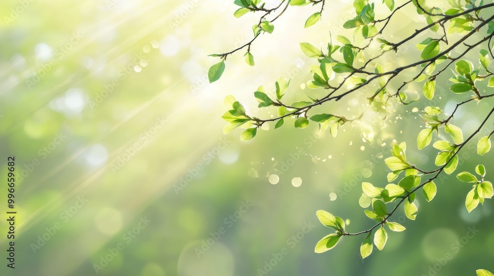 Spring background with branches and green leaves vector presentation design with bokeh light effect Spring background with branches and green leaves vector presentation design with bokeh light effect