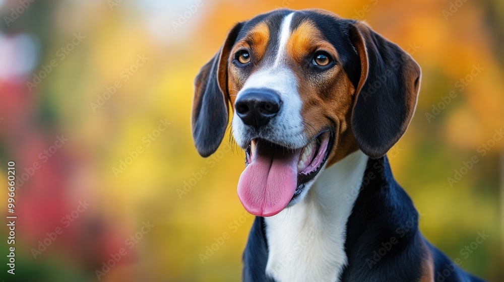 A happy dog with a joyful expression against a colorful autumn backdrop. A happy dog with a joyful expression against a colorful autumn backdrop.