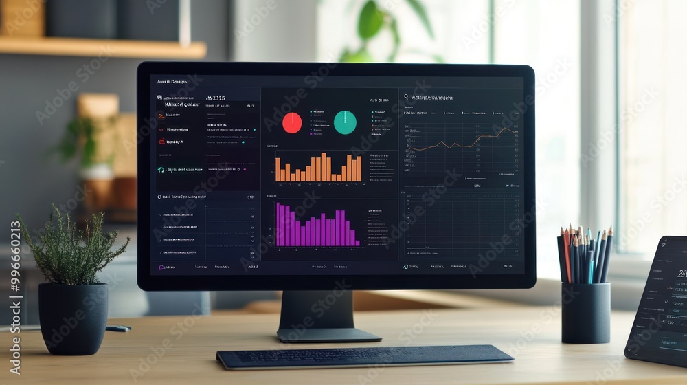 A computer monitor displaying data analytics and visualizations for business insights. A computer monitor displaying data analytics and visualizations for business insights.