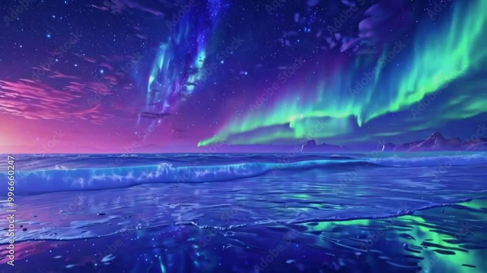 A calm ocean on an alien planet aurora night sky. Gentle waves roll foreground stars twinkle and galaxies slowly rotate. colors like blue, purple, and green dominate, 4k Landscape Animation Video A calm ocean on an alien planet aurora night sky. Gentle waves roll foreground stars twinkle and galaxies slowly rotate. colors like blue, purple, and green dominate, 4k Landscape Animation Video