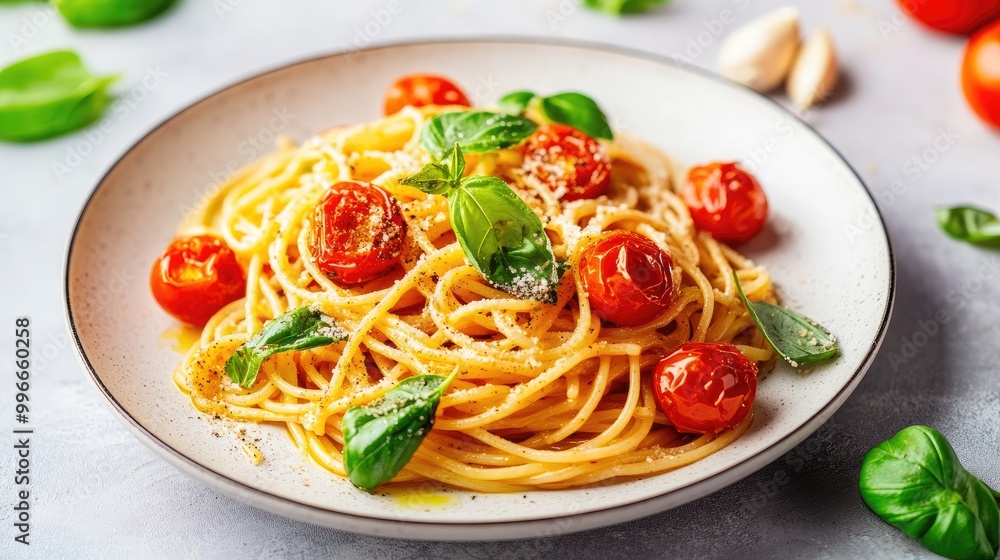Delicious spaghetti topped with fresh tomatoes and basil, perfect for a savory meal or Italian cuisine inspiration. Delicious spaghetti topped with fresh tomatoes and basil, perfect for a savory meal or Italian cuisine inspiration.