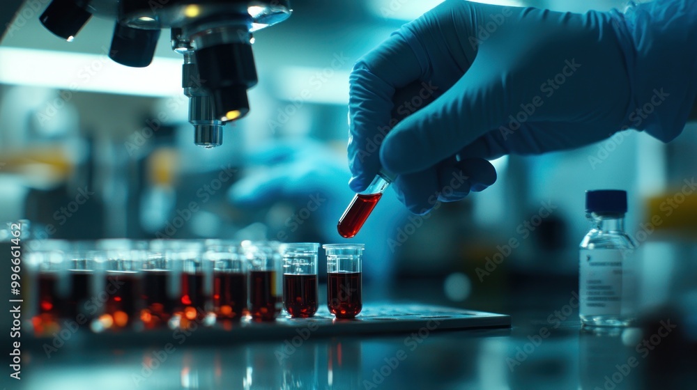 A scientist conducts an experiment with red liquid samples under a microscope. A scientist conducts an experiment with red liquid samples under a microscope.
