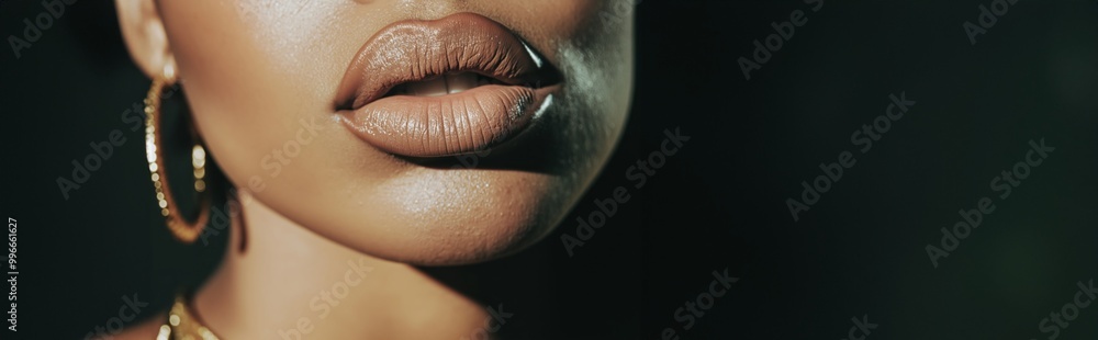 Glossy bronze lips reflecting light with a smooth metallic finish, glowing under soft lighting Glossy bronze lips reflecting light with a smooth metallic finish, glowing under soft lighting