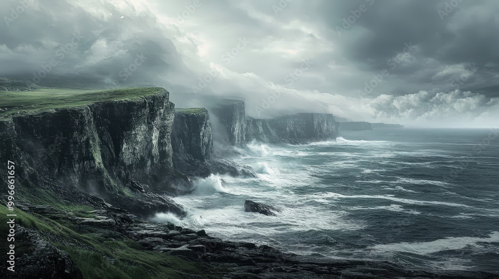 Dramatic coastal cliffs under a stormy sky at the shoreline, showcasing turbulent waves and rugged rock formations Dramatic coastal cliffs under a stormy sky at the shoreline, showcasing turbulent waves and rugged rock formations