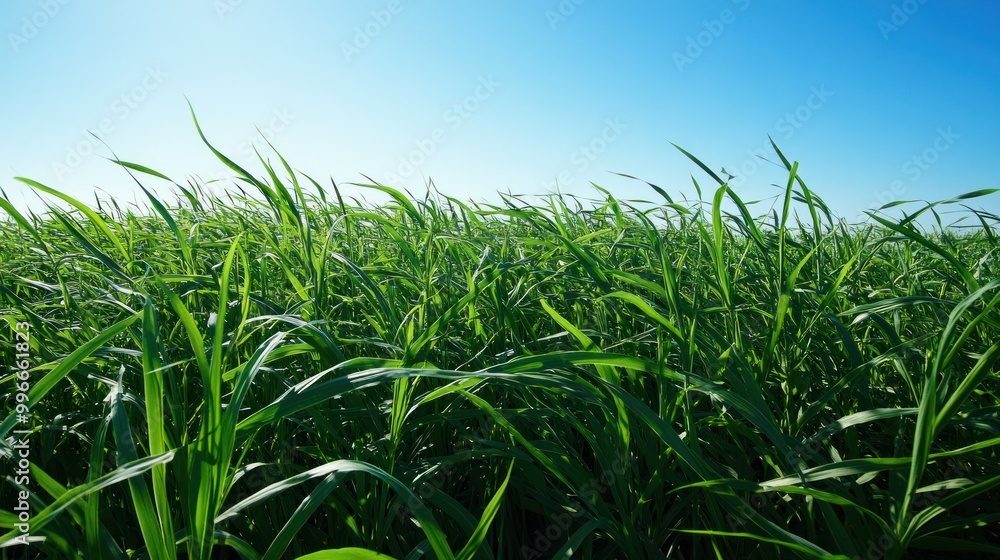 Lush green grass field blowing in the wind under a clear blue sky. Lush green grass field blowing in the wind under a clear blue sky.