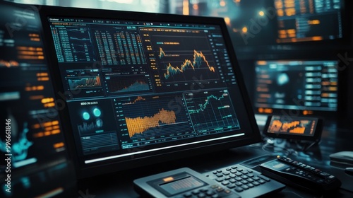 A digital trading workstation displaying financial data and stock market trends.