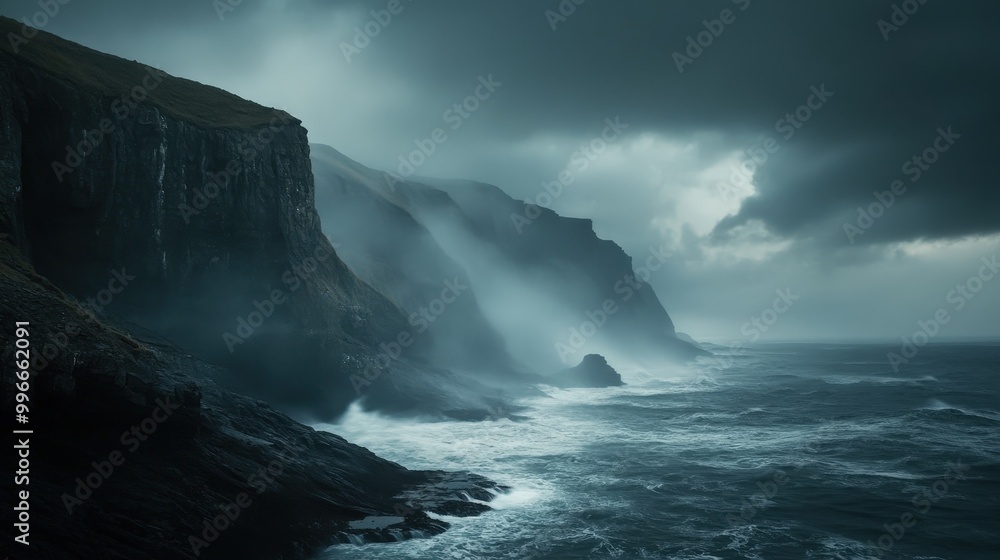 A dramatic coastal landscape with stormy skies and turbulent waves along rocky cliffs at dusk A dramatic coastal landscape with stormy skies and turbulent waves along rocky cliffs at dusk