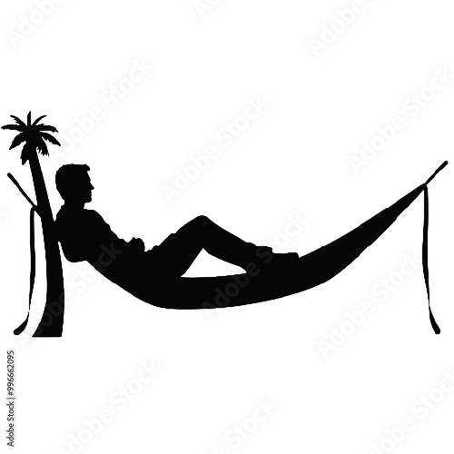 Silhouette of Man Relaxing in a Hammock – Vector Art Isolated on White