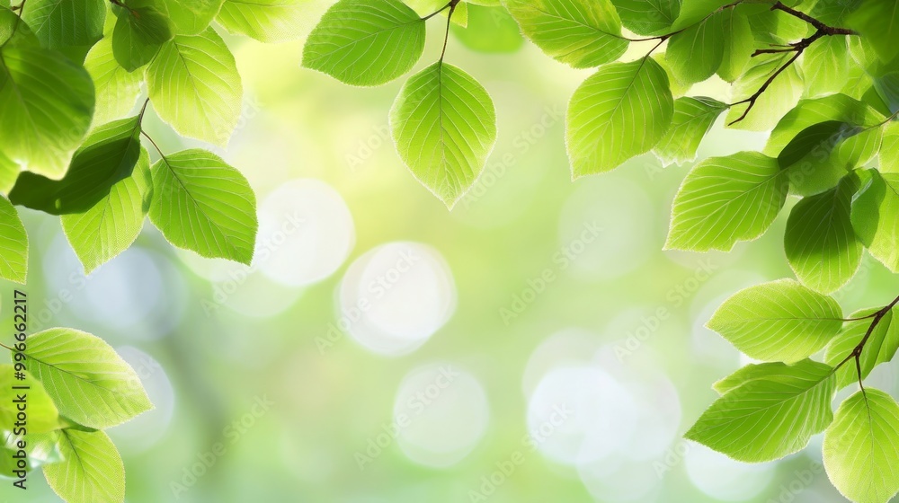 Spring green leaves frame a bokeh background vector presentation design template, a detailed illustration, Spring green leaves frame a bokeh background vector presentation design template, a detailed illustration,