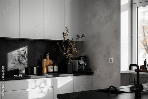 Monochrome kitchen with black and white elements and minimalist decor.