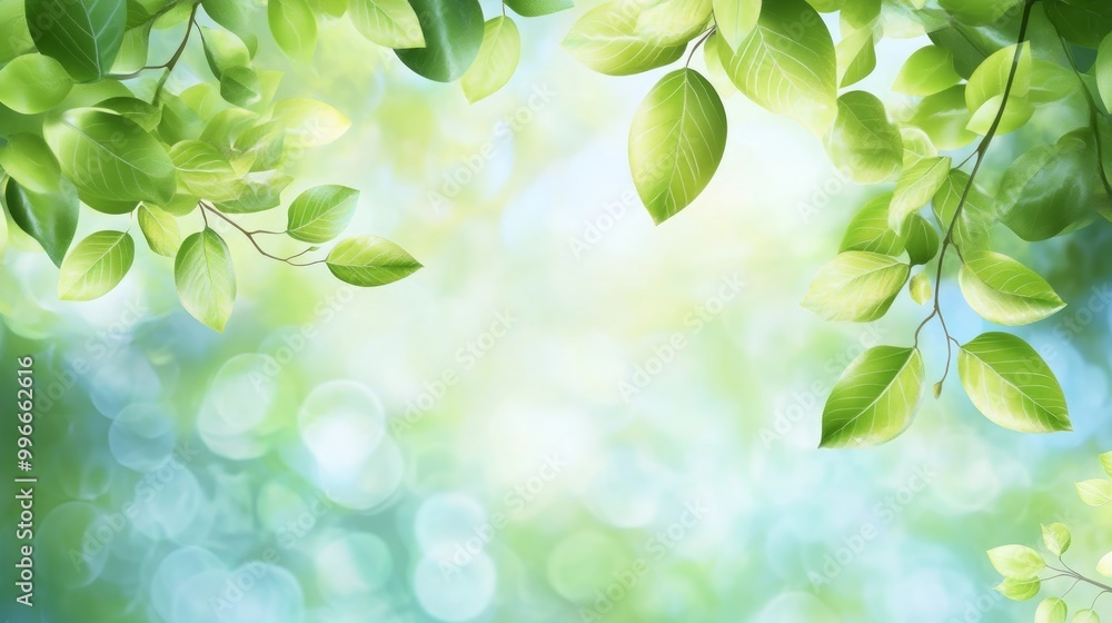 Spring green leaves frame a bokeh background vector presentation design template, a detailed illustration, Spring green leaves frame a bokeh background vector presentation design template, a detailed illustration,