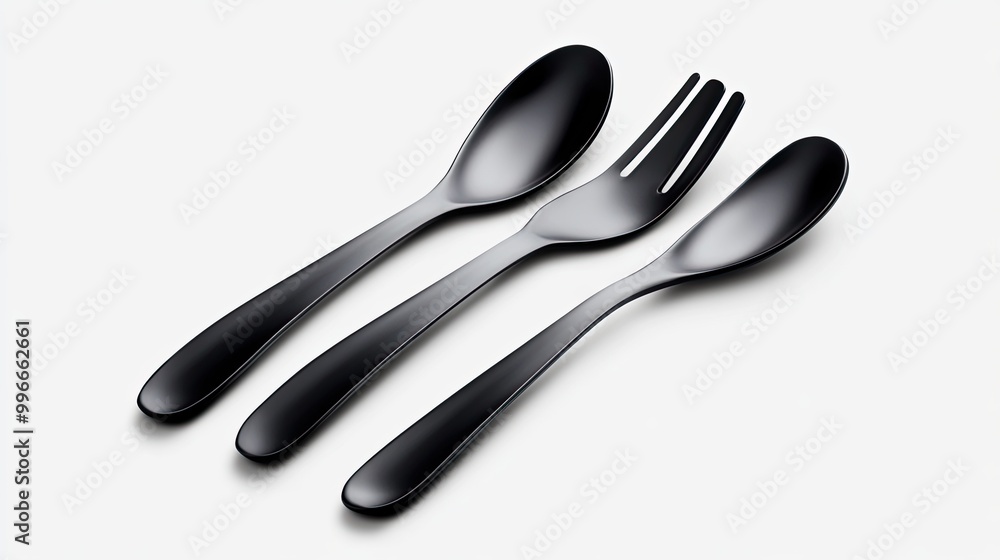 Elegant black cutlery set including a spoon, fork, and teaspoon on a minimalist background for modern dining aesthetics. Elegant black cutlery set including a spoon, fork, and teaspoon on a minimalist background for modern dining aesthetics.