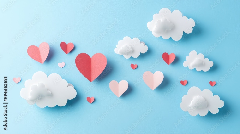 Paper hearts and clouds on a blue background Flat lay perspective Symbolic representation of love and celebration Paper hearts and clouds on a blue background Flat lay perspective Symbolic representation of love and celebration