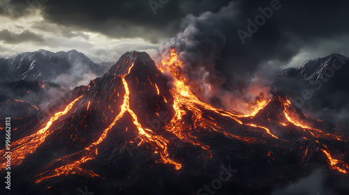 Volcanic eruption lava flow with smoke - natural disaster photography. Volcanic Eruption. Illustration