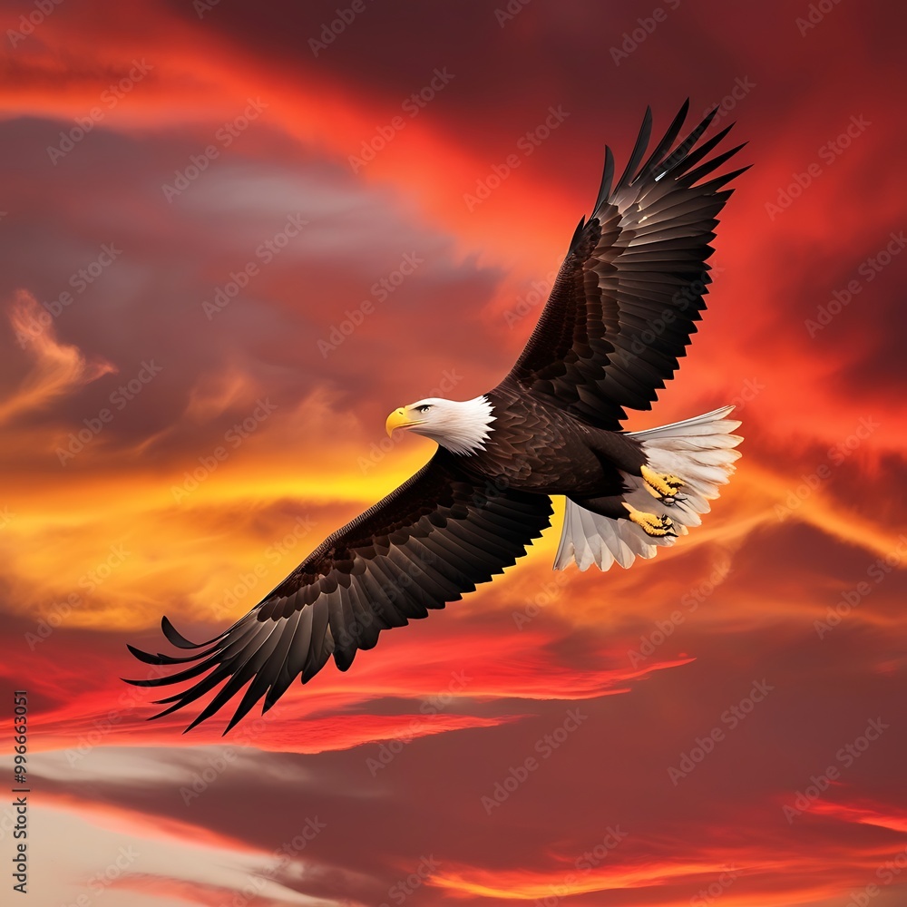 Fototapeta premium This breathtaking photograph captures the dramatic beauty of an eagle soaring against a stunning sunset sky.