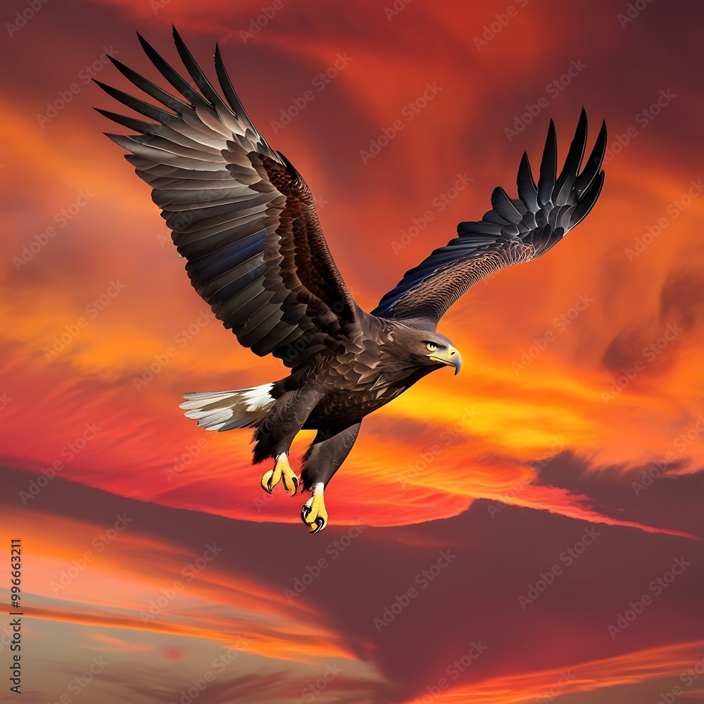 Fototapeta premium This breathtaking photograph captures the dramatic beauty of an eagle soaring against a stunning sunset sky.