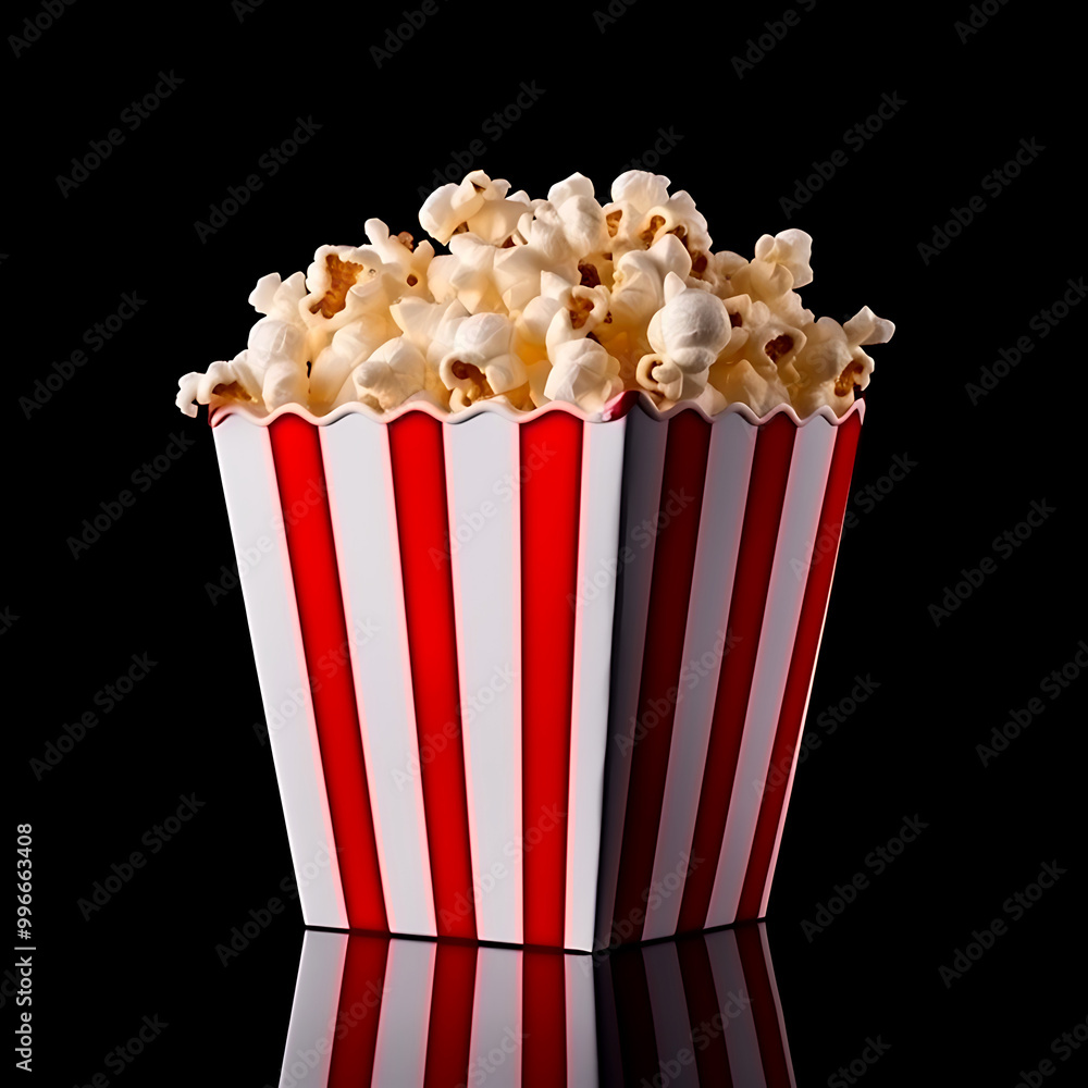 popcorn flying out of red white striped paper box on black background popcorn flying out of red white striped paper box on black background