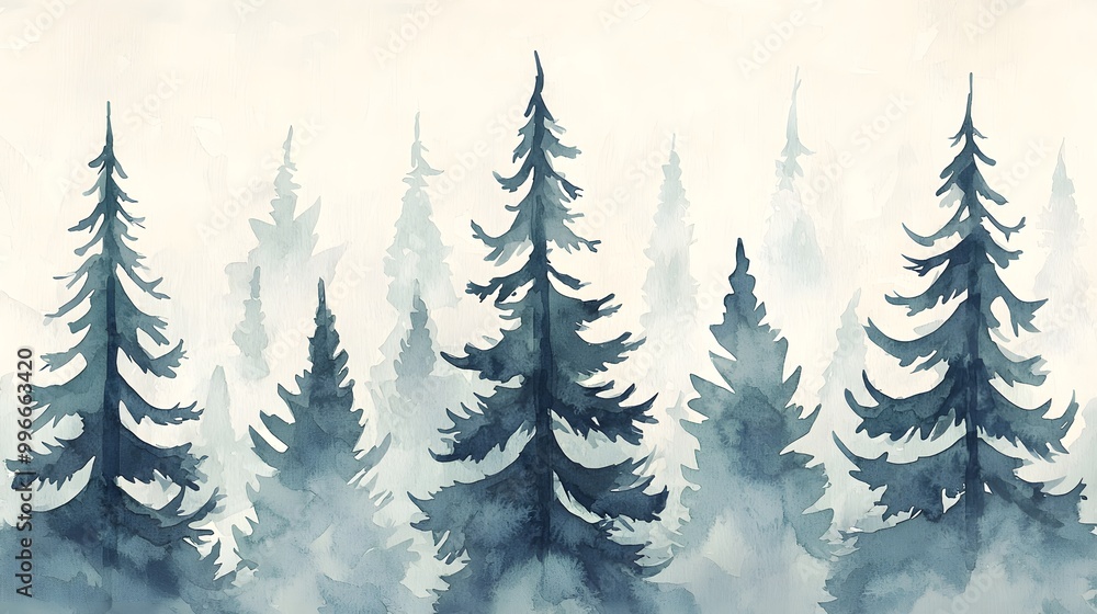 Obraz premium A serene watercolor illustration of pine trees shrouded in mist, evoking tranquility and a connection to nature.