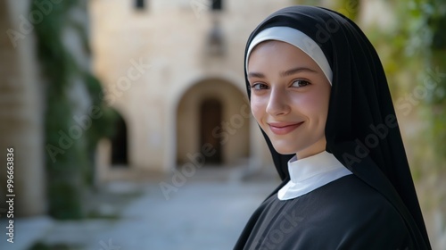 Italian Catholic Nun Smiling Outdoors in Traditional Habit, Historical Architecture, Diversity Representation photo