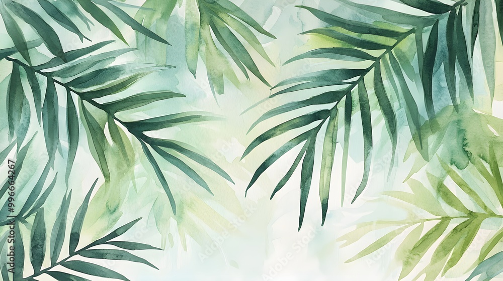 Abstract watercolor palm leaves, layered in rich greens with bold strokes Abstract watercolor palm leaves, layered in rich greens with bold strokes