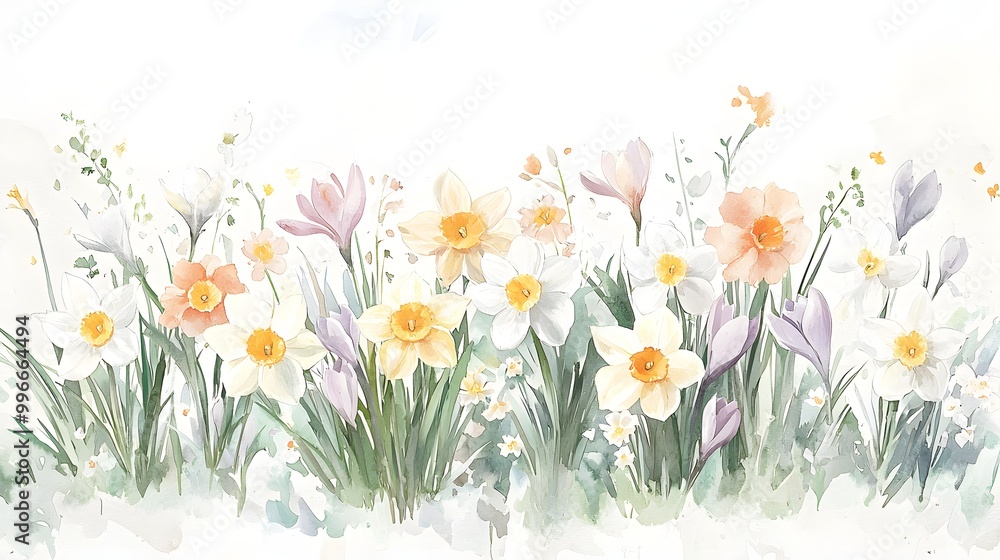 Bouquet of springtime flowers, featuring daffodils and crocuses in pastel watercolors Bouquet of springtime flowers, featuring daffodils and crocuses in pastel watercolors