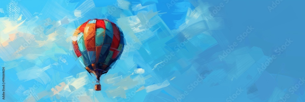 Fototapeta premium Floating high in a clear blue sky, a colorful hot air balloon offers a bright and tranquil travel experience, perfect for a serene adventure above the clouds, optimism concept, banner