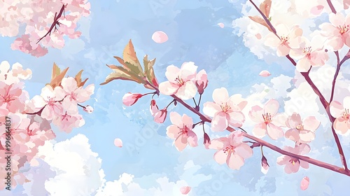 Delicate cherry blossoms in soft pinks and whites against a gentle sky