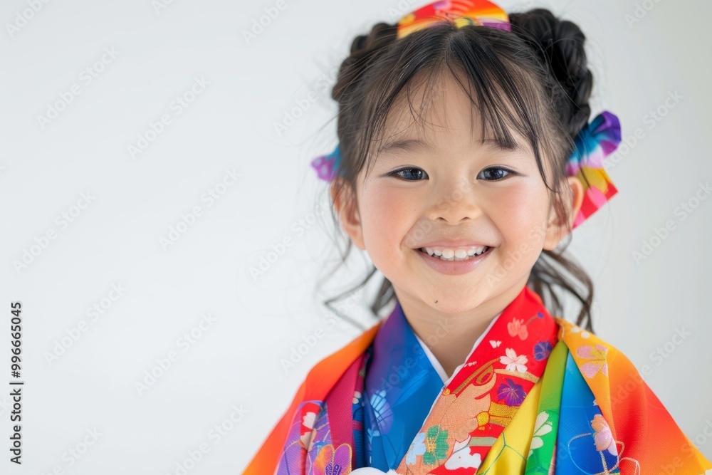 A cute Japanese girl wearing a high-contrast colorful kimono and a random hairstyle poses against a white background. A cute Japanese girl wearing a high-contrast colorful kimono and a random hairstyle poses against a white background.