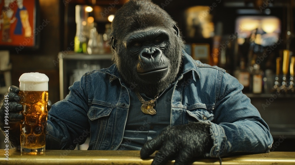 A gorilla in a denim jacket sits at a bar counter with a beer. A gorilla in a denim jacket sits at a bar counter with a beer.