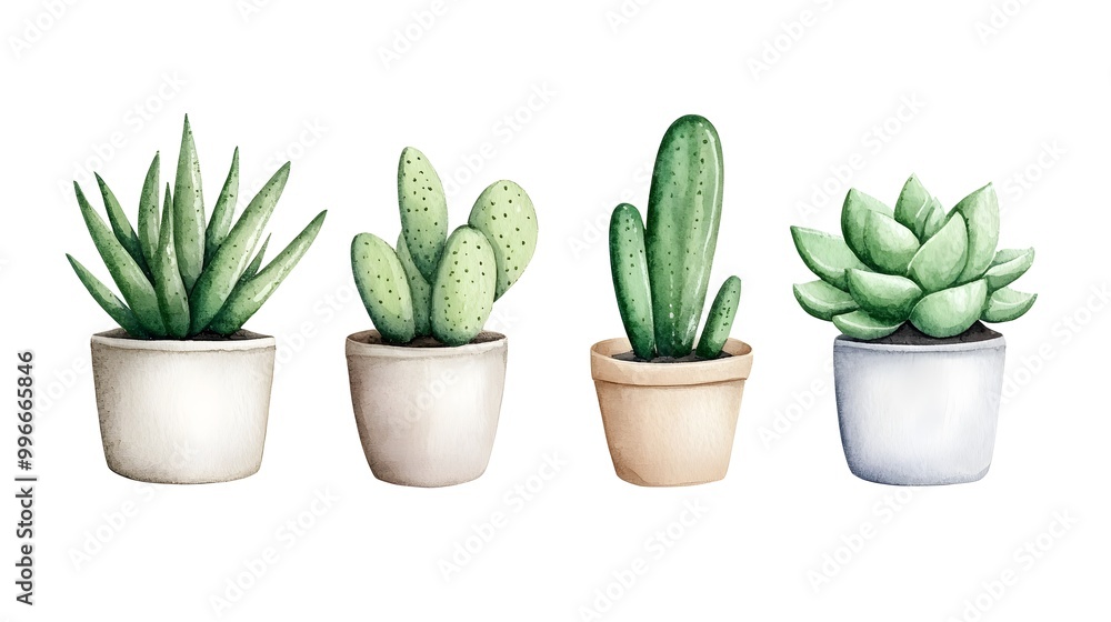 Potted cacti and succulents in watercolor, with soft brushstrokes and earthy tones Potted cacti and succulents in watercolor, with soft brushstrokes and earthy tones