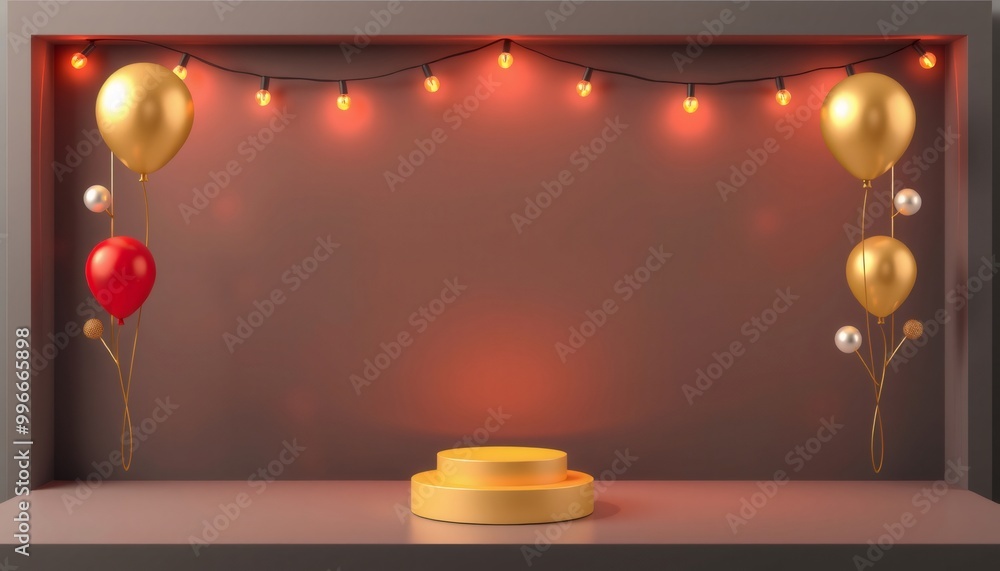 Gold podium with balloons, lights and a soft red background. Gold podium with balloons, lights and a soft red background.
