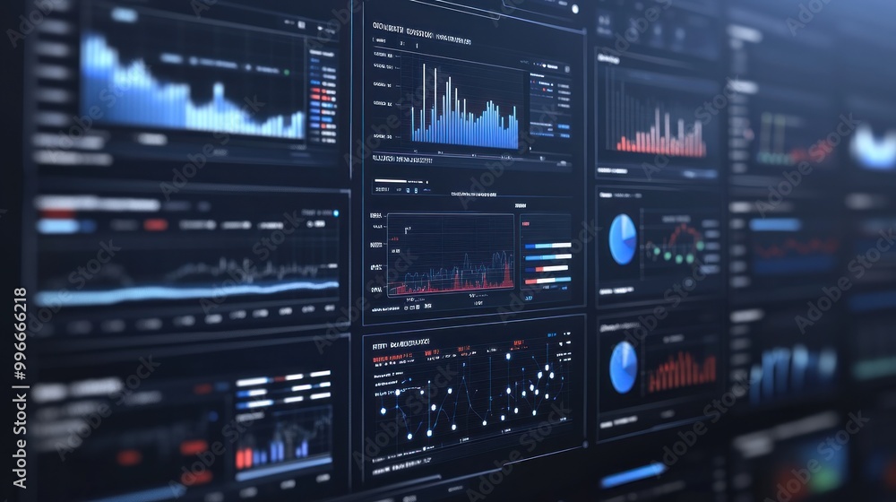 A digital dashboard displaying various data visualizations and analytics. A digital dashboard displaying various data visualizations and analytics.