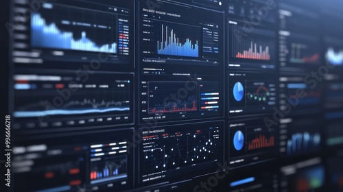 A digital dashboard displaying various data visualizations and analytics.