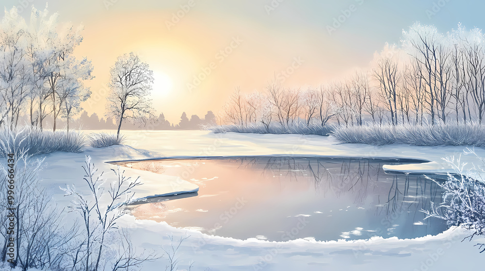 Winter nature landscape with a frozen lake surrounded by frosted trees, reflecting the pale winter sun. Frozen Lake. Illustration Winter nature landscape with a frozen lake surrounded by frosted trees, reflecting the pale winter sun. Frozen Lake. Illustration
