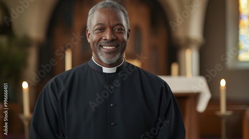 Confident Afro American Male Priest in Traditional Clerical Attire in Church Setting, Ideal for Religious Articles or Promotional Material