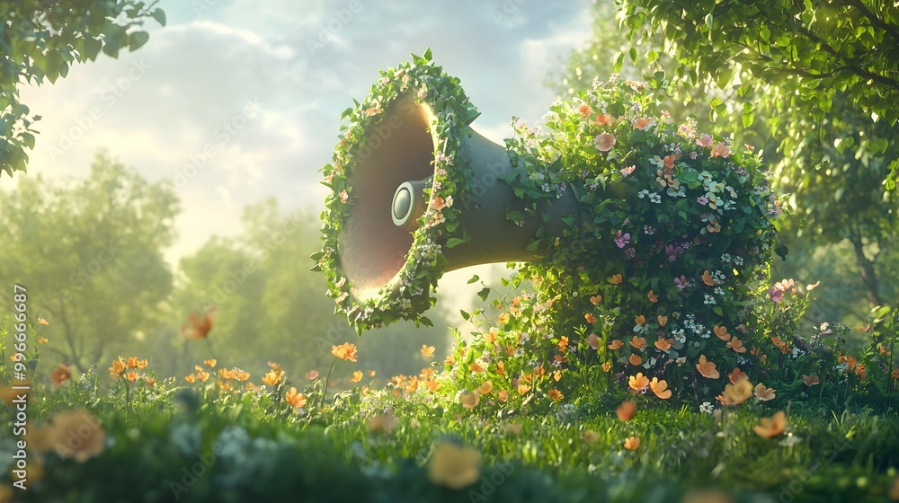 A 3D digital portrays a megaphone device engulfed in a verdant embrace of cascading greenery vibrant blooming flowers and a serene natural landscape backdrop A 3D digital portrays a megaphone device engulfed in a verdant embrace of cascading greenery vibrant blooming flowers and a serene natural landscape backdrop