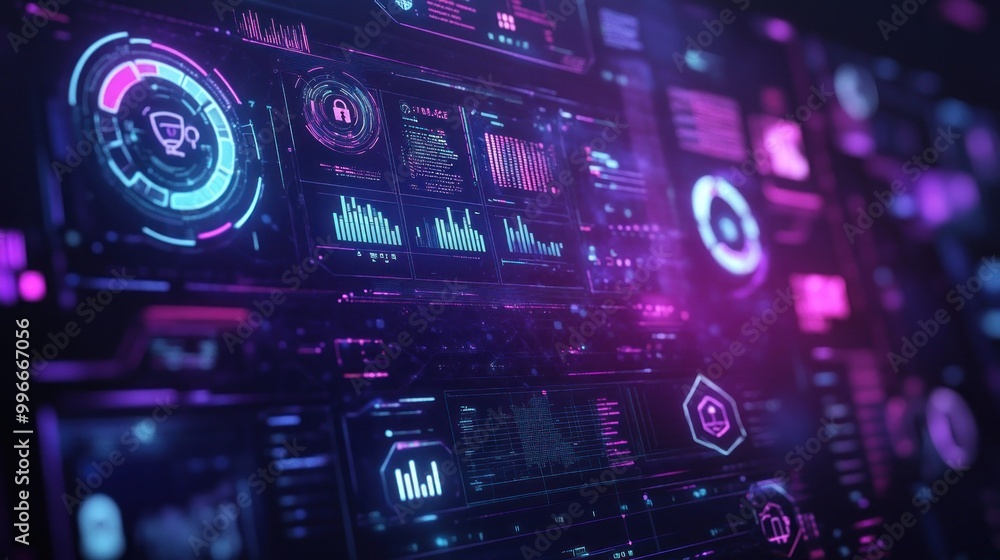 Obraz premium A futuristic digital interface displaying data and analytics in vibrant colors.