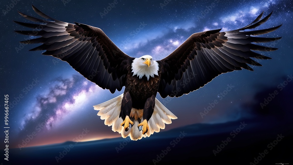 Fototapeta premium This mesmerizing photograph showcases an eagle soaring against a starry night sky, with the Milky Way stretched out majestically above.