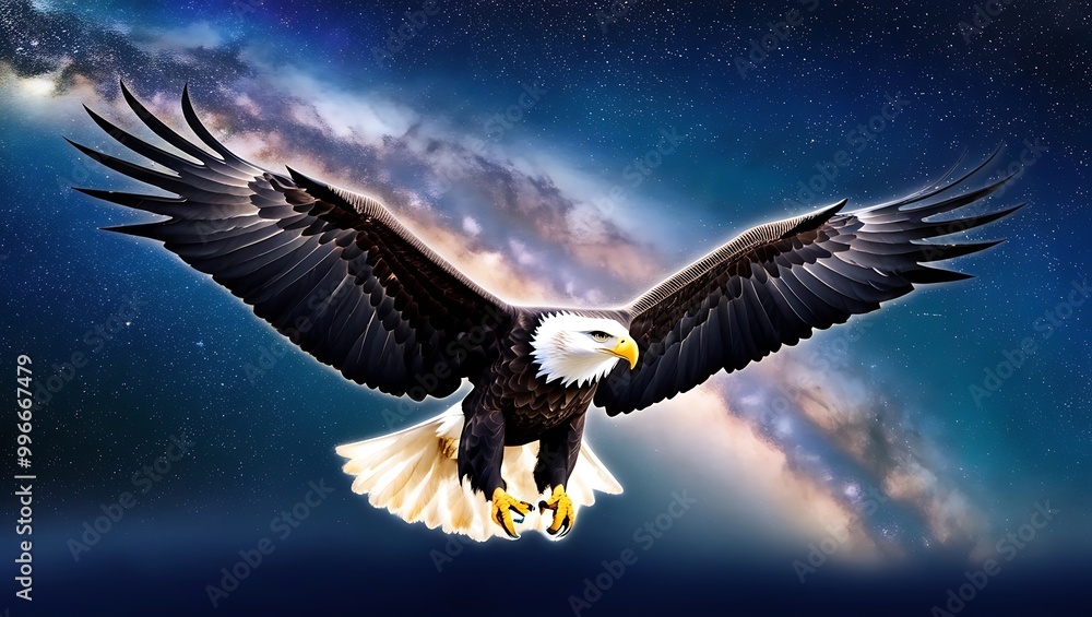 Fototapeta premium This mesmerizing photograph showcases an eagle soaring against a starry night sky, with the Milky Way stretched out majestically above. 