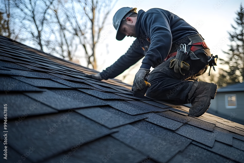 Roofing Construction: Professional Roofer Installing Asphalt Shingles for Roof Repair and Home Improvement. Roofing Construction: Professional Roofer Installing Asphalt Shingles for Roof Repair and Home Improvement.