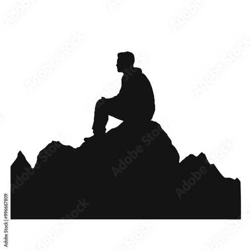 Silhouette of Man Enjoying Quiet Moment on Rock – Vector Art Isolated on White